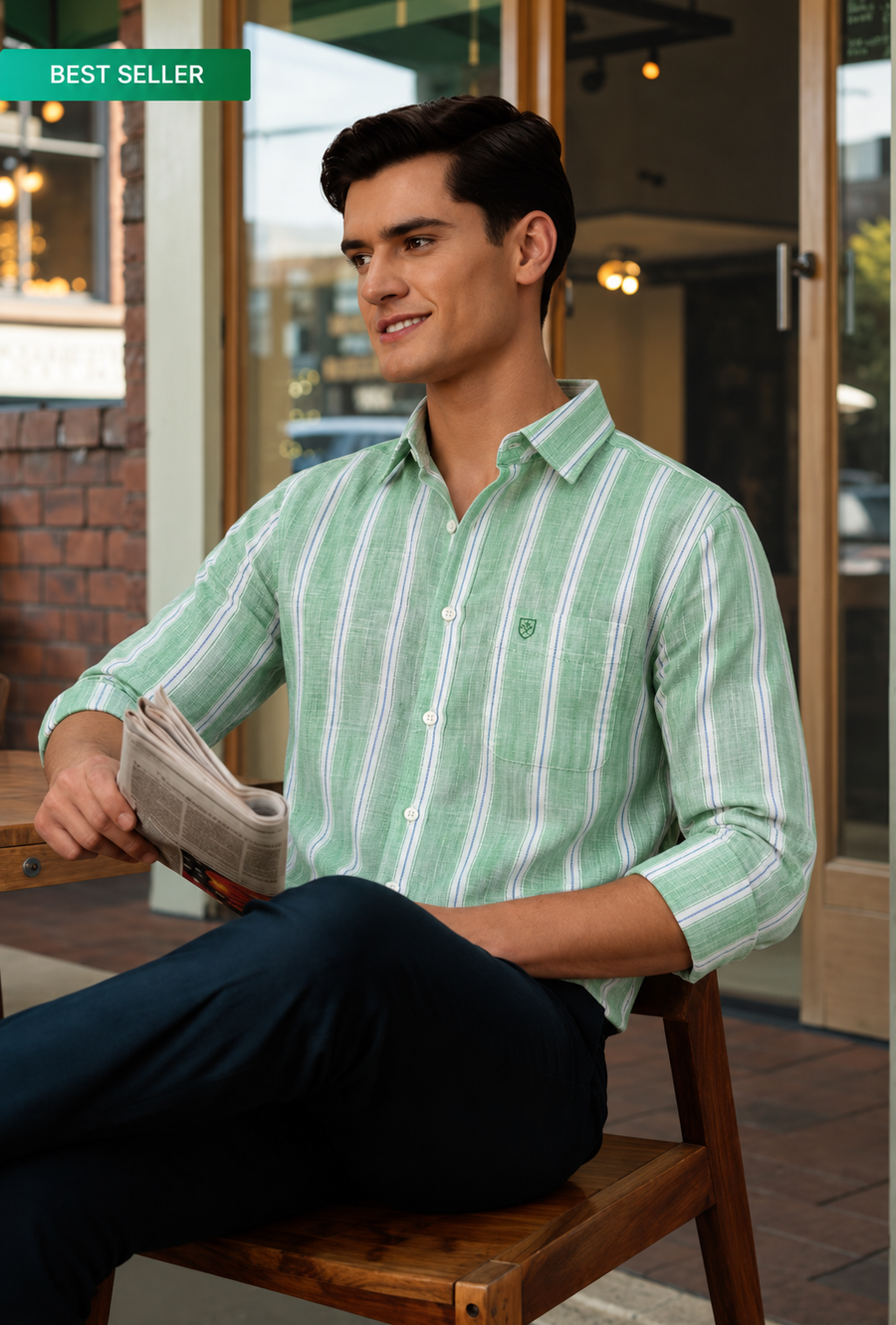 Men's Premium Green Striped Linen Blend Casual Shirt