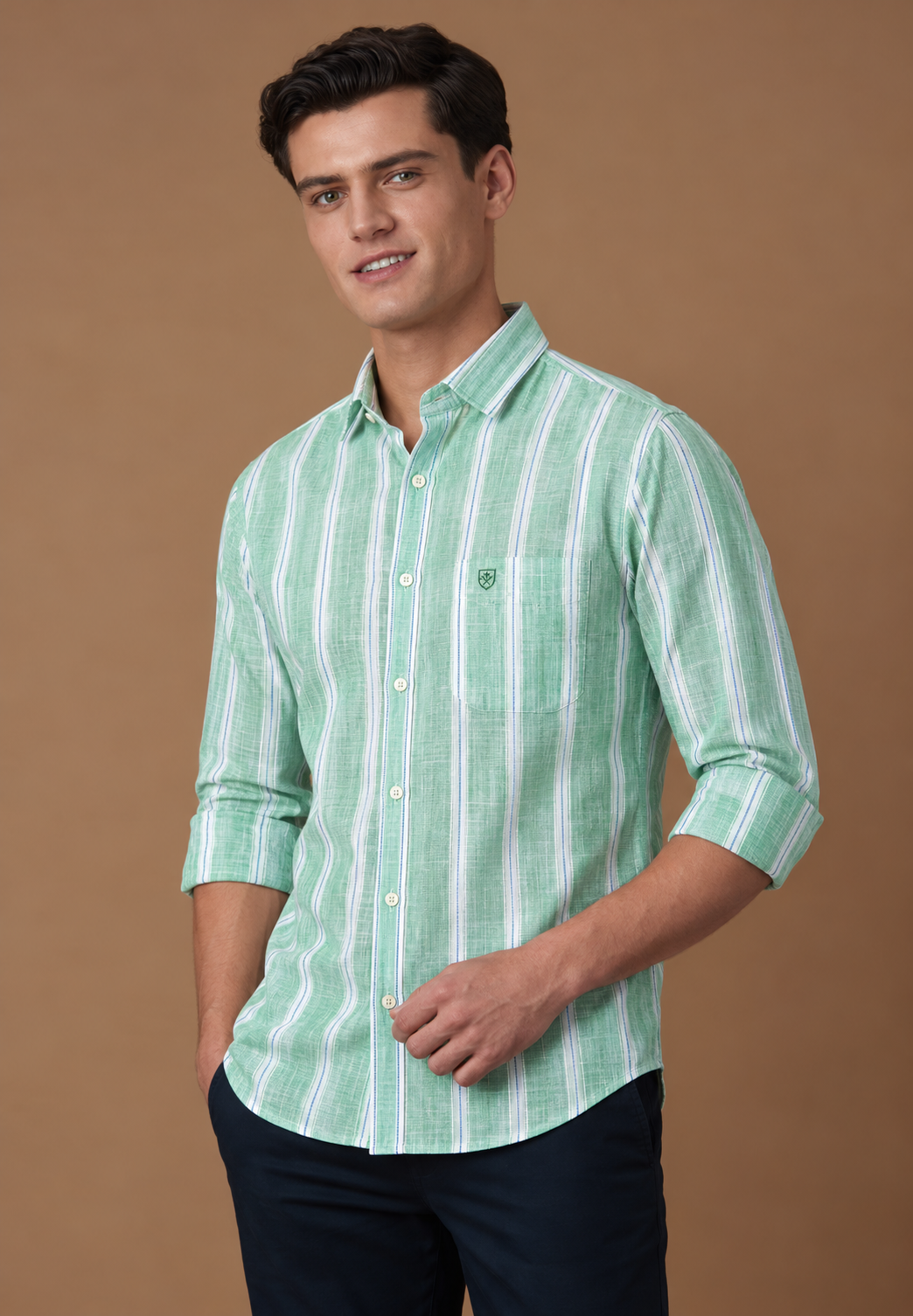 Men's Premium Green Striped Linen Blend Casual Shirt