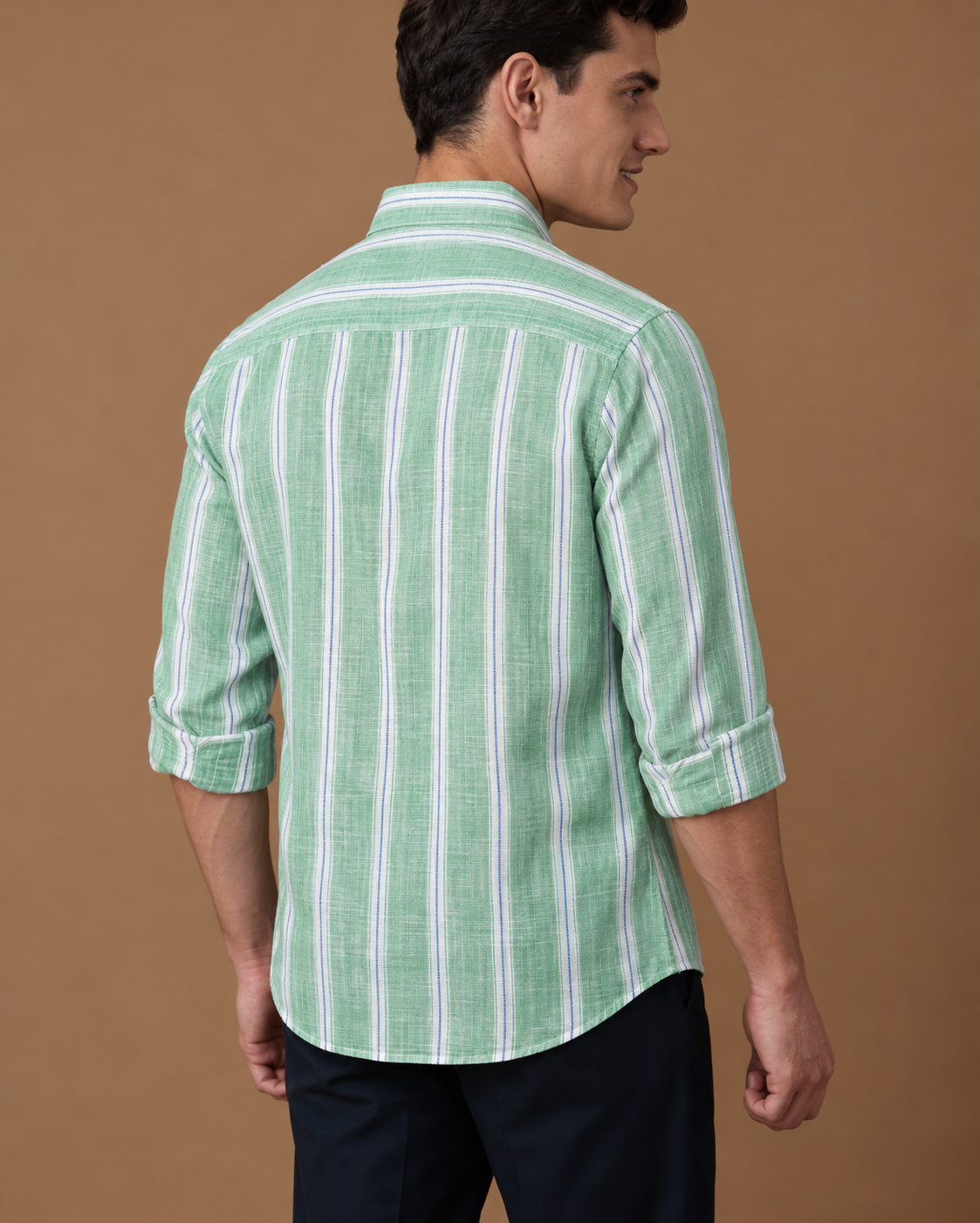 Men's Premium Green Striped Linen Blend Casual Shirt