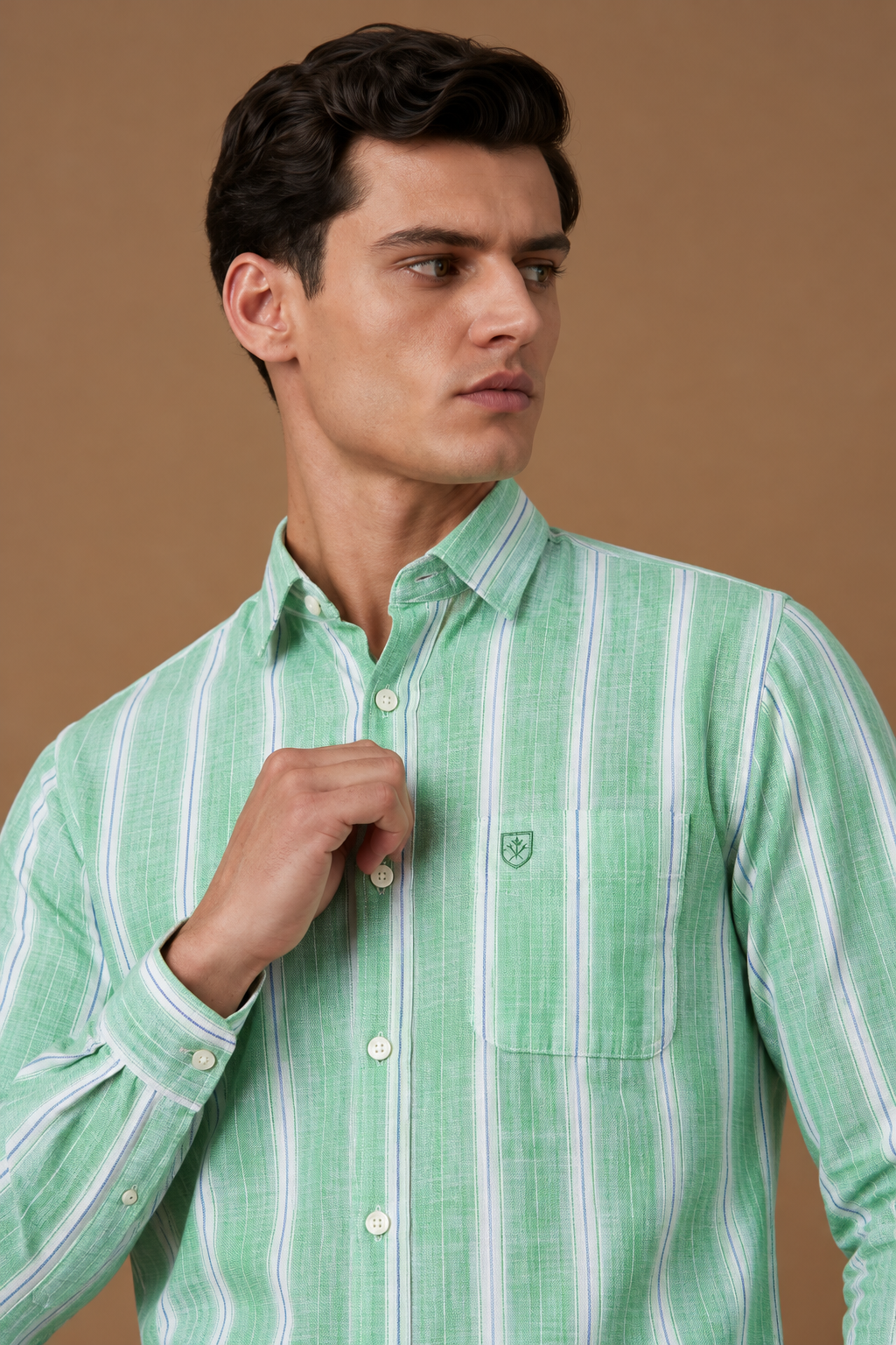Men's Premium Green Striped Linen Blend Casual Shirt