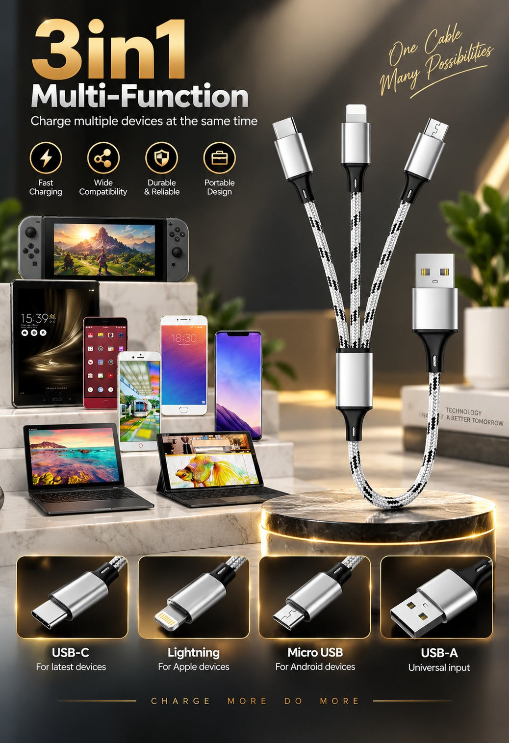 3 in 1 cloth cable